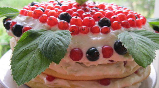 Торт уДачный с творожно-ревеневым кремом и смородиной (на сковороде)