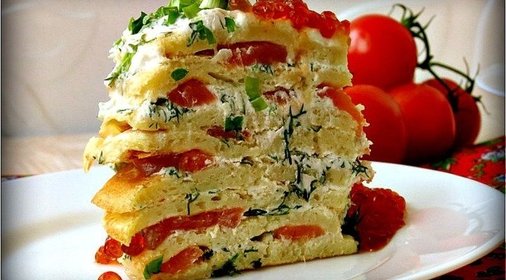 Блинный торт с семгой и рикоттой