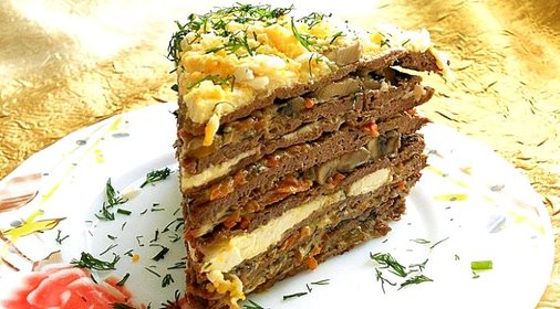 Печеночный торт с грибами