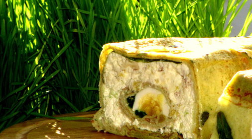 Блинчатый торт с творогом и мятными блинами