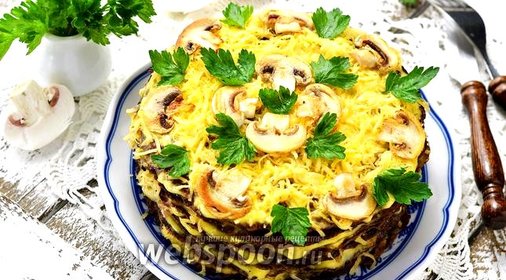 Печёночный торт с грибами
